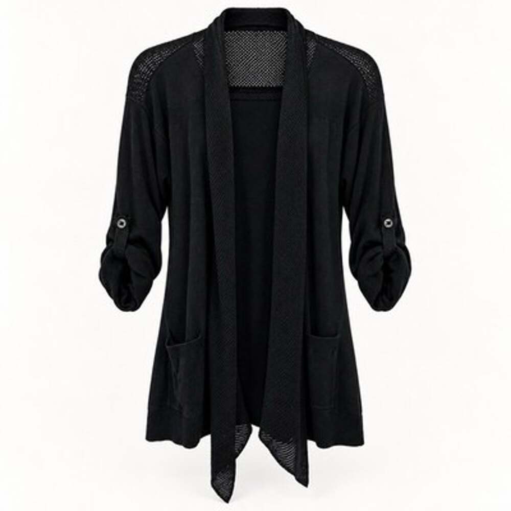 Athleta Bamboo Cashmere Cardigan Wrap Medium Black Mesh Open Front Tab Sleeves